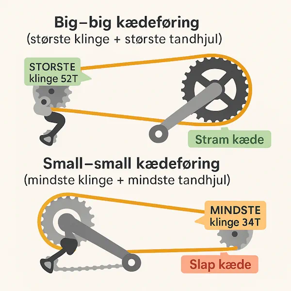 Skematisk illustration af big-big og small-small kædeføring