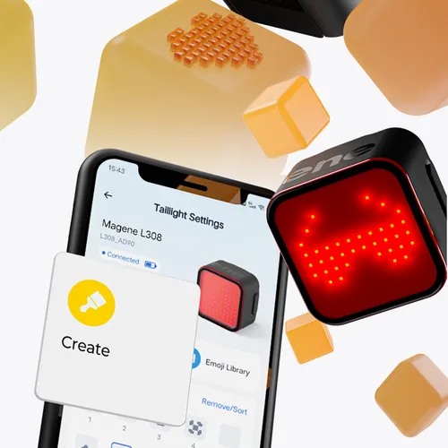 Magene L308 smart baglygte vist sammen med en mobil med app'en klar